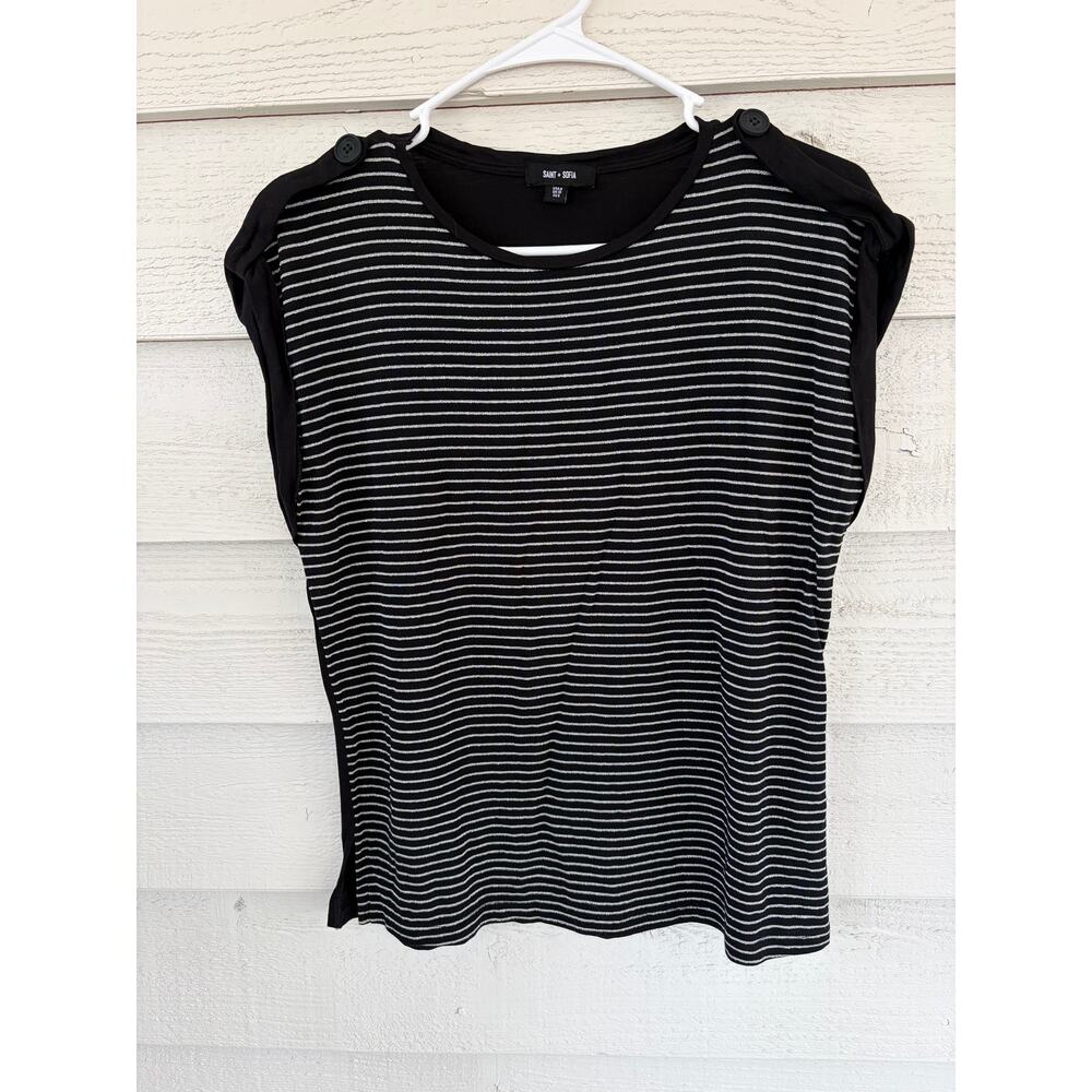 Saint + Sofia Black Silver Stripe Shoulder Button Top Size 6 - Picture 2 of 8